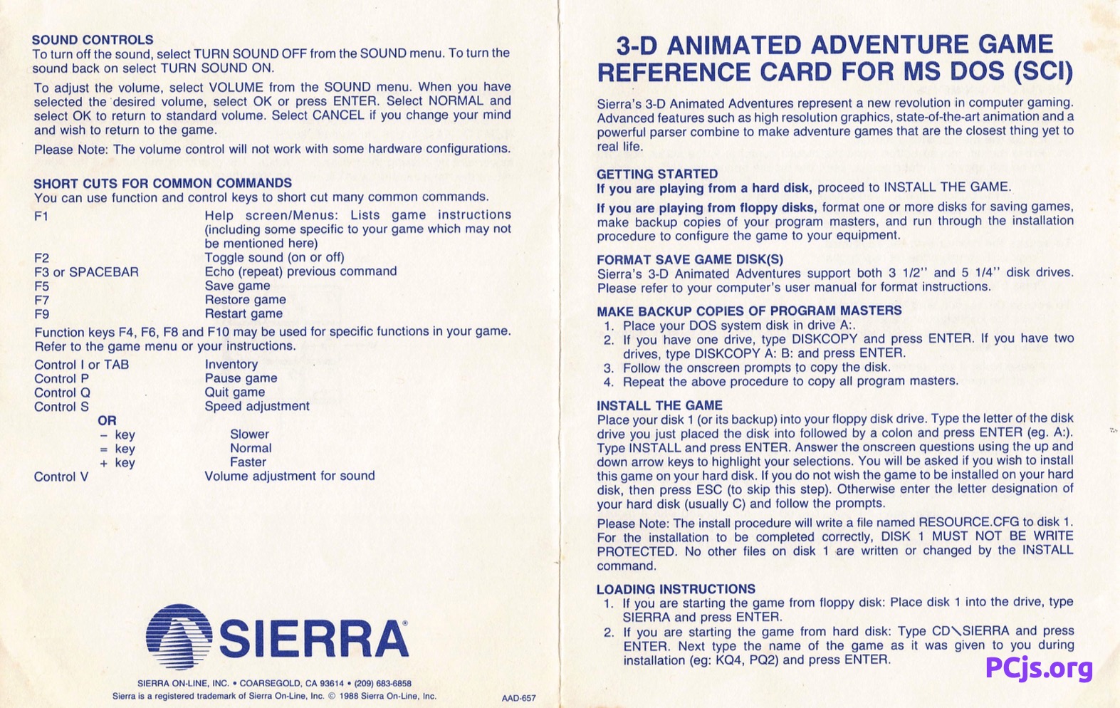 Hero's Quest I Reference Card for MS-DOS