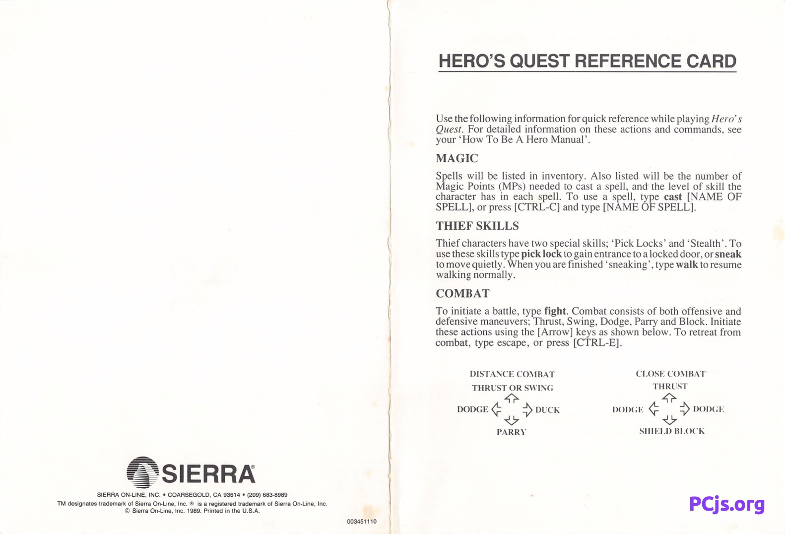 Hero's Quest I Reference Card