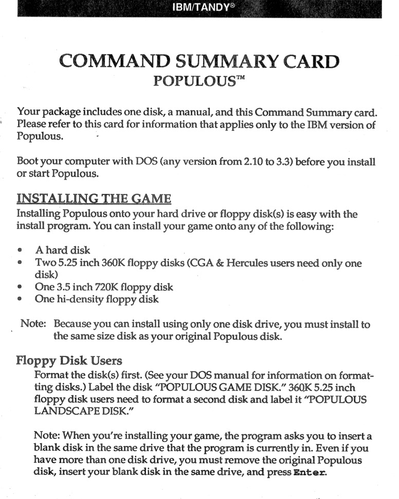 Populous Command Summary Card (1989)